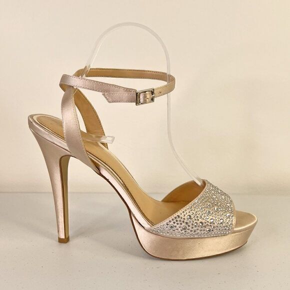 NWOB Jewel by Badgley Mischka Beige Satin Rhinestone Strappy Heels - Picture 1 of 7